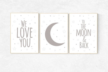 Gray nursery decor, We love you to the moon and back, moon prints, gender neutral baby, grey nursery, nursery wall art neutral, baby room