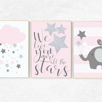 We love you more than all the stars, baby girl nursery wall art, pink gray nursery decor, baby girl, pink silver, elephant nursery baby gift
