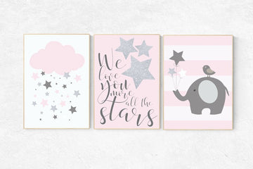 We love you more than all the stars, baby girl nursery wall art, pink gray nursery decor, baby girl, pink silver, elephant nursery baby gift