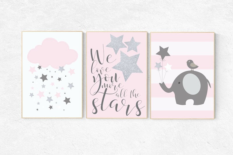 We love you more than all the stars, baby girl nursery wall art, pink gray nursery decor, baby girl, pink silver, elephant nursery baby gift