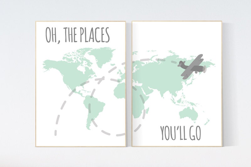 Travel themed nursery, World Map wall art, Mint nursery decor, gender neutral, world map nursery, world map wall art, mint green, plane