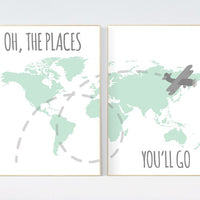 Travel themed nursery, World Map wall art, Mint nursery decor, gender neutral, world map nursery, world map wall art, mint green, plane