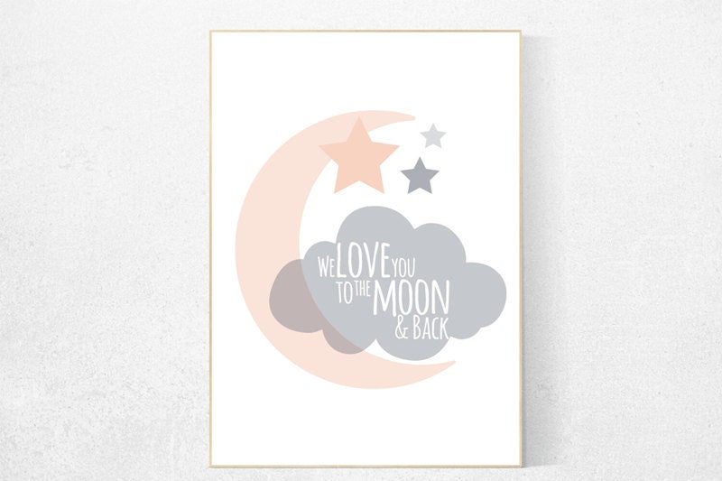 We love you to the moon and back, coral nursery art, blush pink nursery decor, moon nursery, nursery decor girl, pale pink nursery print