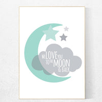 We love you to the moon and back, nursery decor, mint nursery decor, moon nursery, nursery wall art, baby room decor, toddler, new baby gift