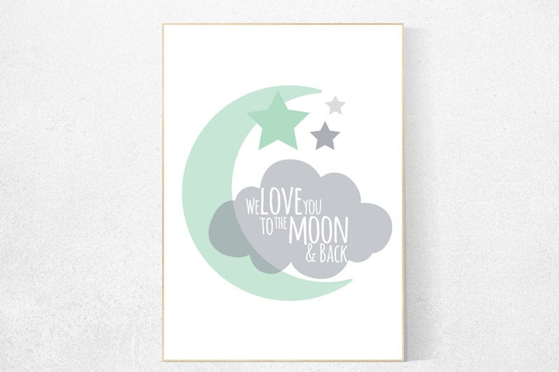 Mint nursery decor, We love you to the moon and back, moon nursery, nursery wall art, baby room wall art, new baby gift, kids room decor