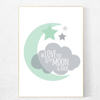 Mint nursery decor, We love you to the moon and back, moon nursery, nursery wall art, baby room wall art, new baby gift, kids room decor
