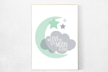 Mint nursery decor, We love you to the moon and back, moon nursery, nursery wall art, baby room wall art, new baby gift, kids room decor