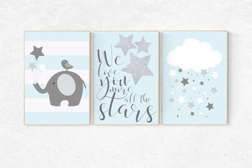 Nursery decor boy elephant, We love you more than all the stars, cloud and star nursery, blue gray nursery, blue and silver, blue and grey