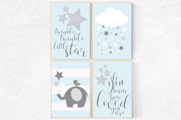 Twinkle twinkle little star nursery, blue gray nursery decor, baby boy nursery decor, elephant nursery, baby room decor elephant nursery art