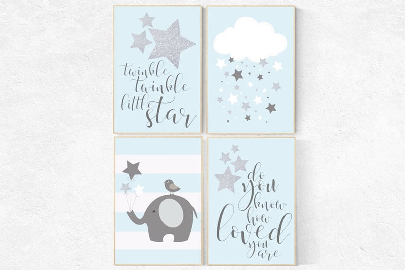 Twinkle twinkle little star nursery, blue gray nursery decor, baby boy nursery decor, elephant nursery, baby room decor elephant nursery art