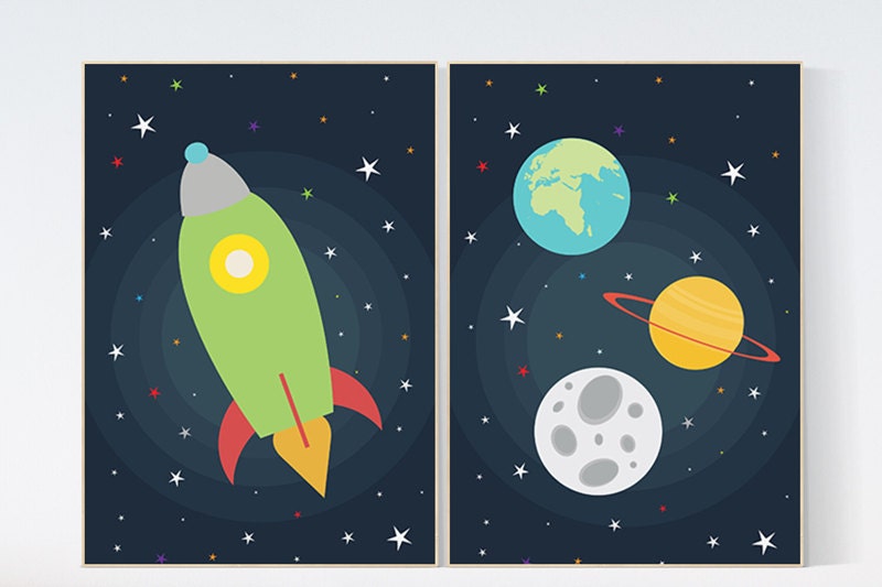 Space nursery decor, outer space, nursery wall art, baby boy nursery decor, set of 2, outer space decor print kids room, green rocket ship
