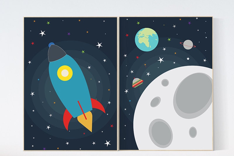 Space nursery decor, boys room decor, Kids room decor, rocket ship, Space themed nursery, Kids Wall Art, Outer Space Nursery Art, playroom