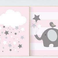 Elephant nursery, cloud nursery, baby girl nursery wall art, pink gray nursery decor, girls room, pink silver, baby room, baby gift ideas