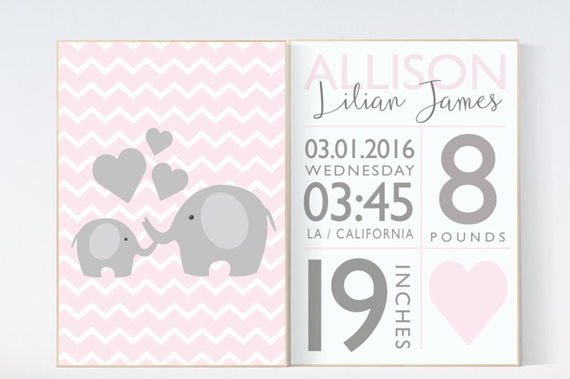 Nursery decor elephant, Pink and gray nursery, nursery decor girl elephant, Baby birth stats, pink nursery decor, girls room decor pink