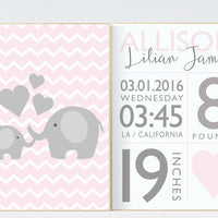 Nursery decor elephant, Pink and gray nursery, nursery decor girl elephant, Baby birth stats, pink nursery decor, girls room decor pink