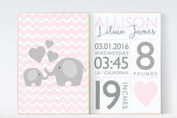 Nursery decor elephant, Pink and gray nursery, nursery decor girl elephant, Baby birth stats, pink nursery decor, girls room decor pink