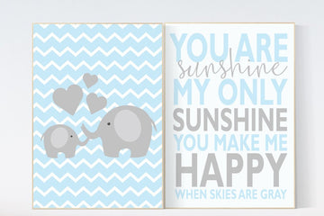 You Are My Sunshine Nursery Art, blue nursery decor, Baby Boy Wall Art , Playroom Room, elephant nursery wall decor, elephant, baby gift