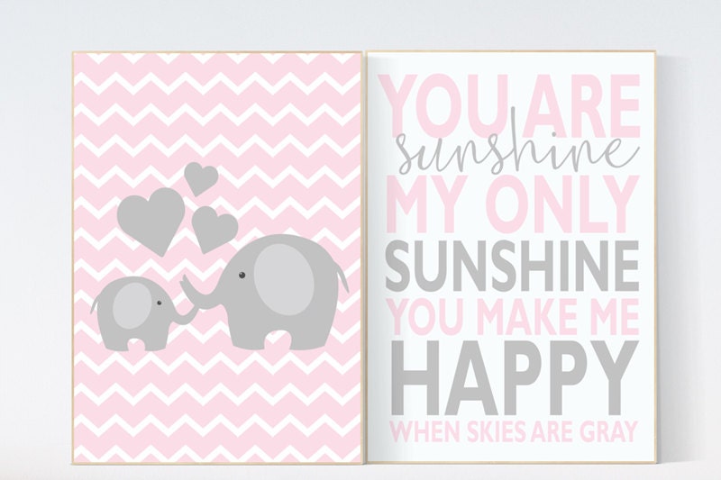 You Are My Sunshine Nursery decor girl, nursery wall art elephant, nursery prints girl, you are my sunshine, pink and gray, baby room art