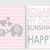 You Are My Sunshine Nursery decor girl, nursery wall art elephant, nursery prints girl, you are my sunshine, pink and gray, baby room art