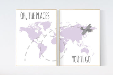 Oh the places you'll go, travel nursery decor, World Map wall art, world map nursery, purple nursery decor baby girl nursery nursery decor