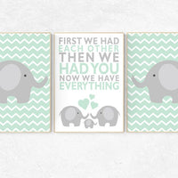 Mint nursery decor, First We Had Each Other, elephant Nursery, Nursery Art, Nursery Decor, gender neutral nursery,  set of 3, playroom decor