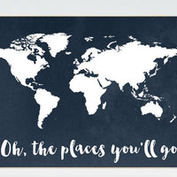 Navy World Map print, oh the places you'll go, Nursery print, Kid's Room Decor, Children's playroom, toddler navy baby wall art, world map