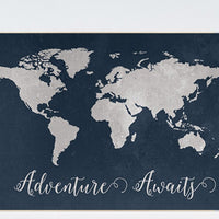 Navy World Map print, Adventure awaits Nursery print, Kid's Room Decor, Children's playroom, toddler navy baby wall art, world map gift