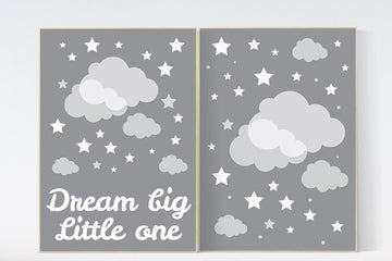 Dream big little one print, nursery print, baby's nursery room decor, kid's room, toddler's room, gray, grey clouds, set of 2 prints, stars