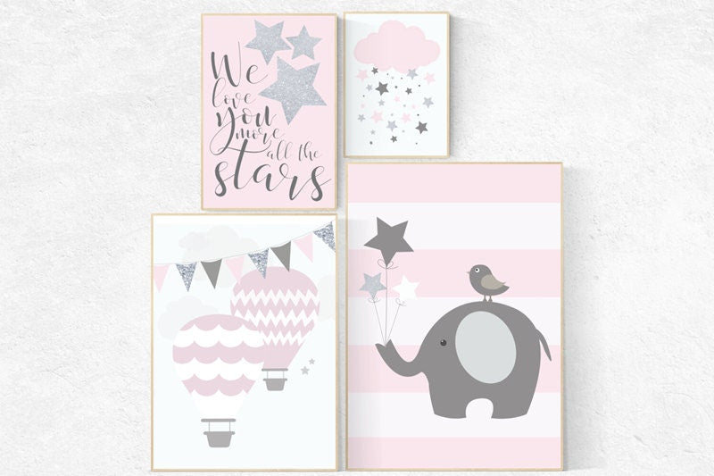 We love you more than all the stars, Baby girl nursery decor, pink gray nursery, pink silver nursery set hot air balloon nursery baby shower