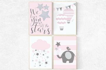 We love you more than all the stars, Baby girl nursery decor, pink gray nursery, pink silver nursery set hot air balloon nursery baby shower