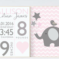 Birth stats wall art, elephant nursery decor, Baby girl nursery decor, pink nursery decor, girls room wall art, baby room, elephant nursery