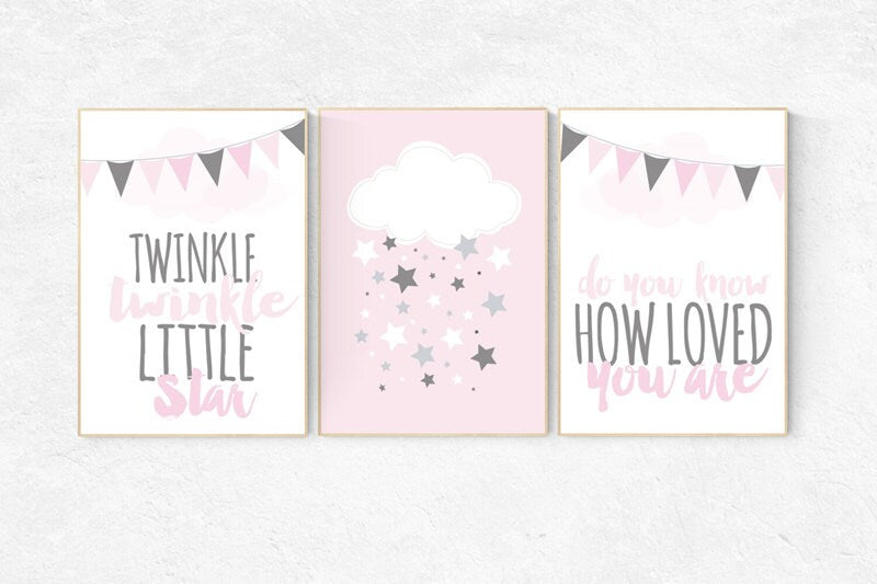 Baby girl nursery, Twinkle Twinkle Little Star, baby girl nursery ideas, cloud nursery art, pink nursery, girls room wall art, baby room
