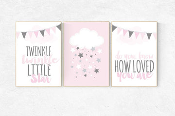 Baby girl nursery, Twinkle Twinkle Little Star, baby girl nursery ideas, cloud nursery art, pink nursery, girls room wall art, baby room