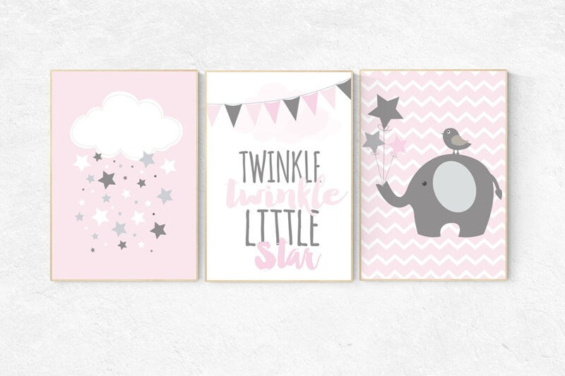 Baby girl nursery, elephant nursery, Twinkle Twinkle Little Star, cloud nursery, baby girl nursery ideas, pink nursery, girls room wall art
