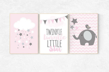 Baby girl nursery, elephant nursery, Twinkle Twinkle Little Star, cloud nursery, baby girl nursery ideas, pink nursery, girls room wall art
