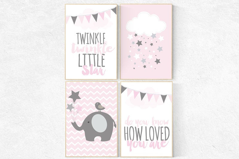 Nursery decor girl, pink nursery, nursery decor elephant, nursery prints girl, baby room wall art, pink and gray nursery, girls room decor
