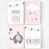 Nursery decor girl, pink nursery, nursery decor elephant, nursery prints girl, baby room wall art, pink and gray nursery, girls room decor