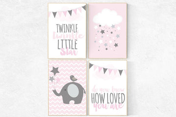 Nursery decor girl, pink nursery, nursery decor elephant, nursery prints girl, baby room wall art, pink and gray nursery, girls room decor