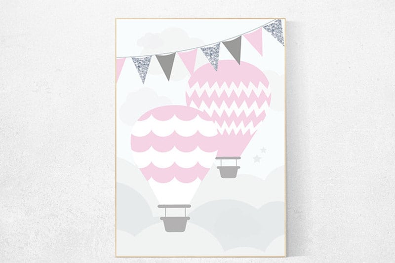 Baby girl nursery decor, Hot air balloon Nursery Print nursery decor, baby girl nursery Room Decor, pink hot air balloon art, playroom art