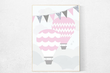Baby girl nursery decor, Hot air balloon Nursery Print nursery decor, baby girl nursery Room Decor, pink hot air balloon art, playroom art