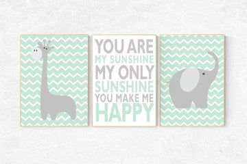 Mint nursery decor, You are my sunshine my only sunshine, mint gray, elephant nursery, kids room decor, mint green nursery decor, playroom