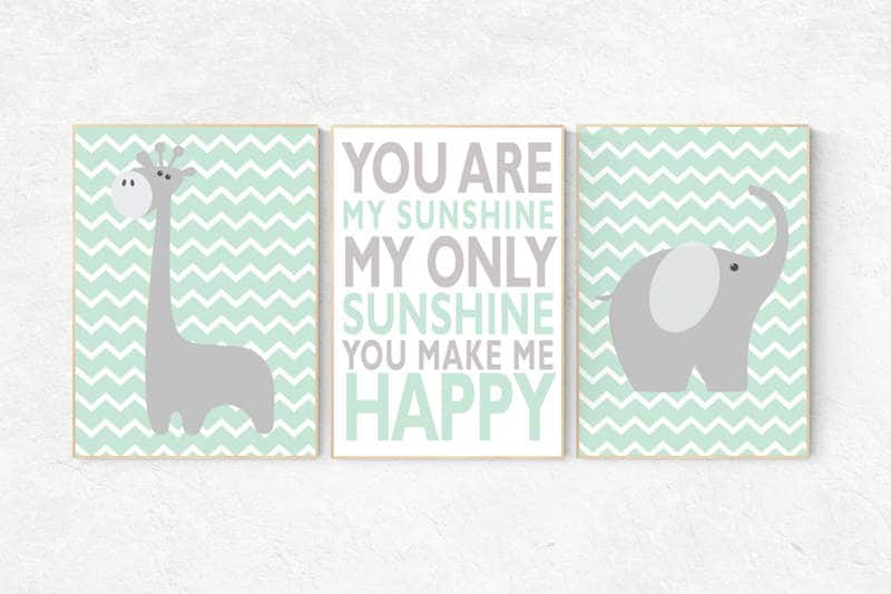 Mint nursery decor, You are my sunshine my only sunshine, mint gray, elephant nursery, kids room decor, mint green nursery decor, playroom