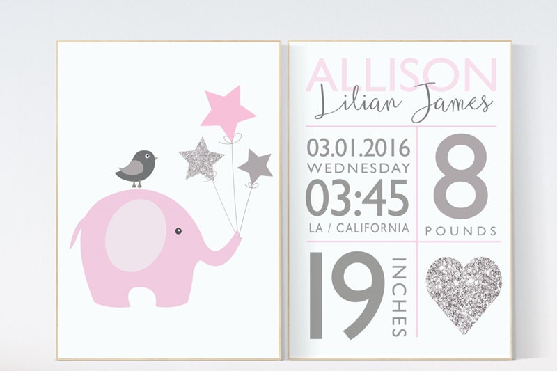 Birth stats wall art, pink silver nursery, elephant nursery, baby birth stats, nursery wall art, personalized, pink and silver baby shower