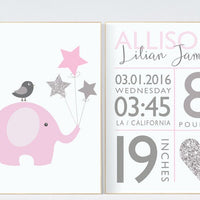 Birth stats wall art, pink silver nursery, elephant nursery, baby birth stats, nursery wall art, personalized, pink and silver baby shower