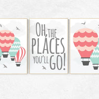 Coral mint nursery, Oh the places you will go nursery, hot air balloon nursery, set of 3, nursery decor, nursery print, mint coral decor