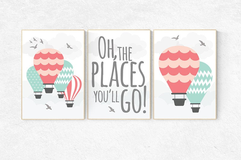 Coral mint nursery, Oh the places you will go nursery, hot air balloon nursery, set of 3, nursery decor, nursery print, mint coral decor