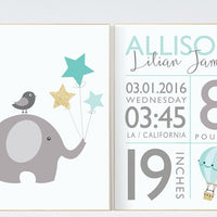 Birth stats wall art, mint and gold nursery, mint and gold baby shower, mint nursery decor, elephant nursery, baby birth stats, nursery art