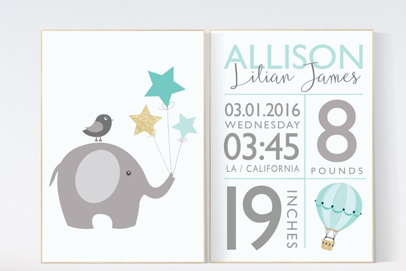 Birth stats wall art, mint and gold nursery, mint and gold baby shower, mint nursery decor, elephant nursery, baby birth stats, nursery art