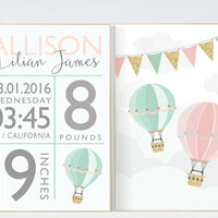 Birth stats wall art, pink, mint, gold, coral nursery decor, hot air balloon nursery, hot air balloon nursery, baby birth stats, baby name