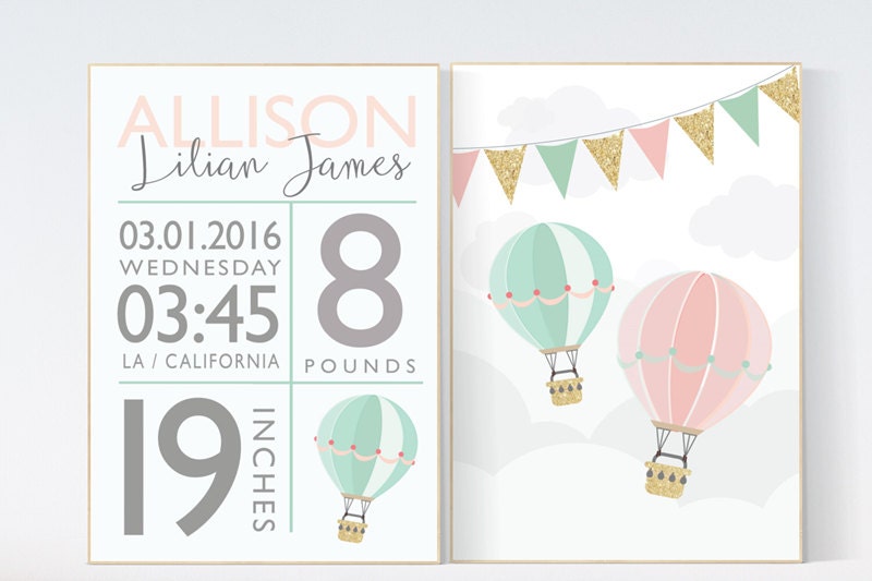 Birth stats wall art, pink, mint, gold, coral nursery decor, hot air balloon nursery, hot air balloon nursery, baby birth stats, baby name